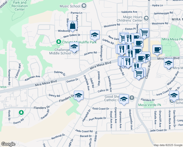 map of restaurants, bars, coffee shops, grocery stores, and more near 7880 Dancy Road in San Diego