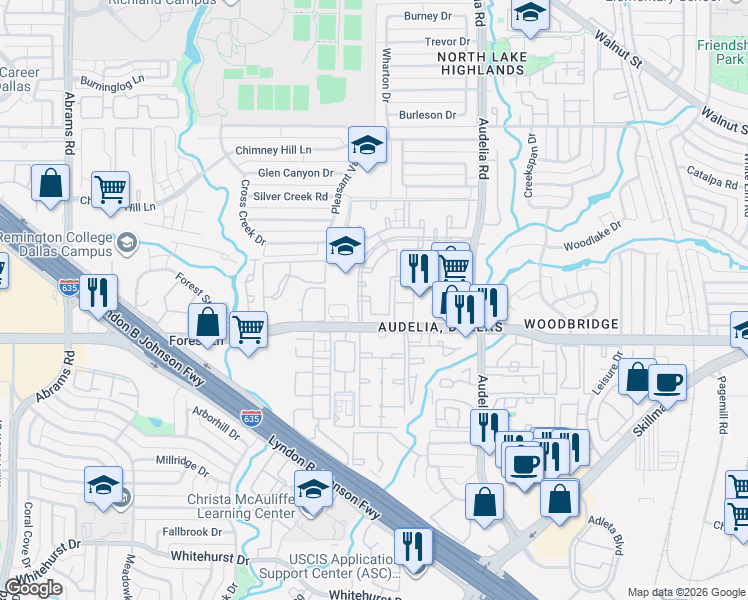 map of restaurants, bars, coffee shops, grocery stores, and more near 9669 Forest Lane in Dallas