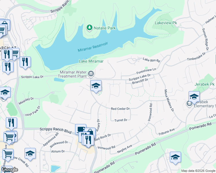 map of restaurants, bars, coffee shops, grocery stores, and more near 10450 Ridgewater Lane in San Diego