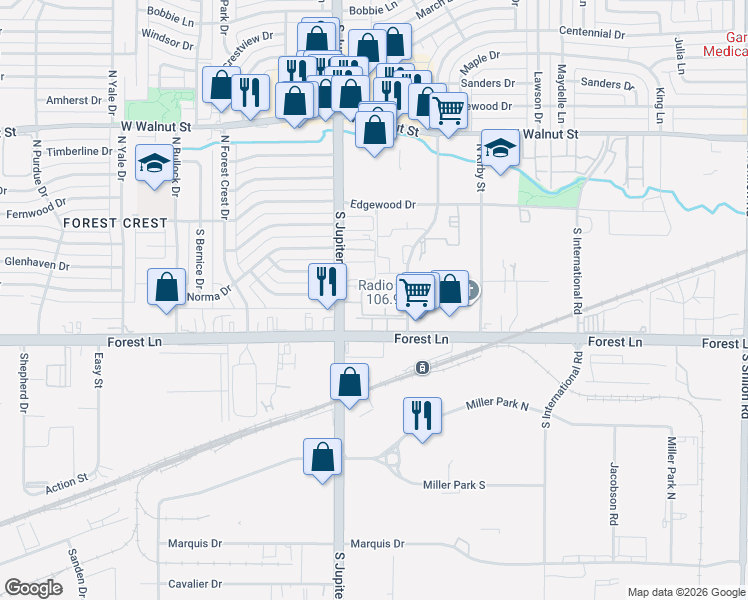 map of restaurants, bars, coffee shops, grocery stores, and more near 402 South Jupiter Road in Garland