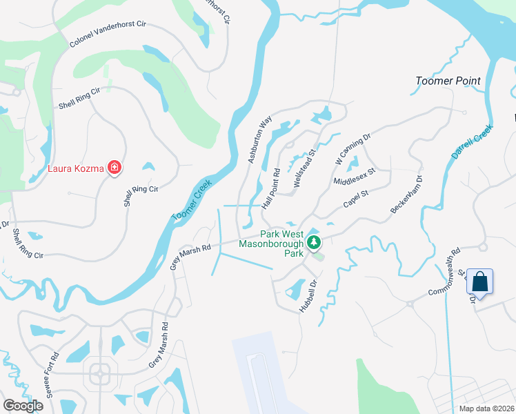 map of restaurants, bars, coffee shops, grocery stores, and more near 1808 Hall Point Road in Mount Pleasant