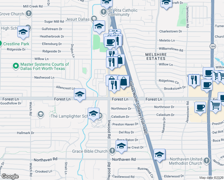 map of restaurants, bars, coffee shops, grocery stores, and more near 11828 Inwood Road in Dallas