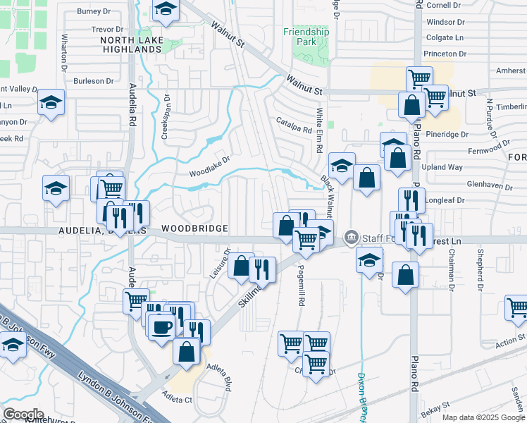 map of restaurants, bars, coffee shops, grocery stores, and more near Oak Highland Drive in Dallas