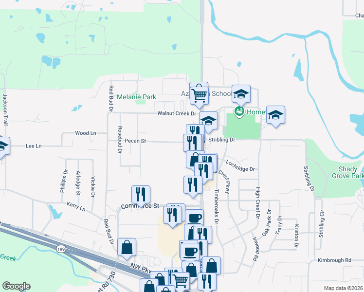 map of restaurants, bars, coffee shops, grocery stores, and more near 117 Pecan Street in Azle