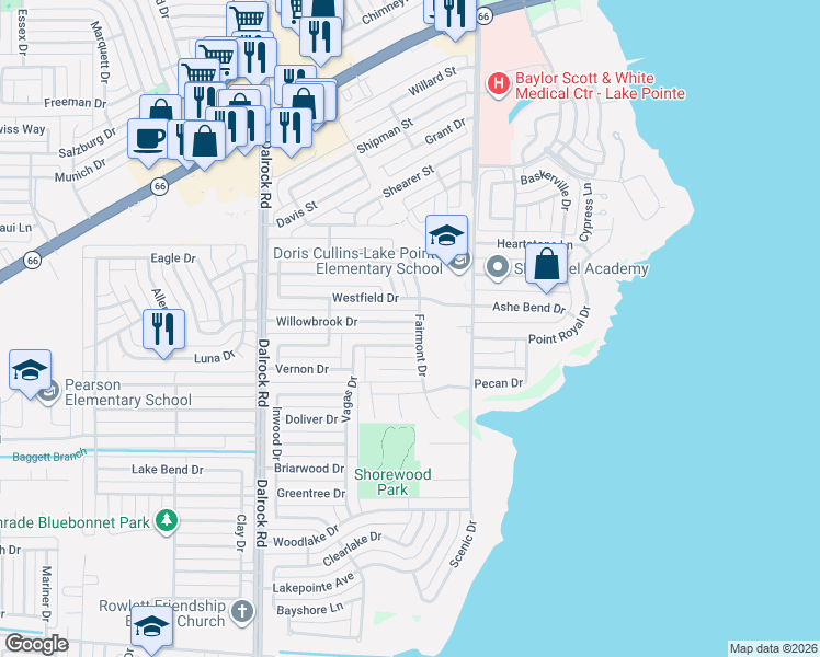 map of restaurants, bars, coffee shops, grocery stores, and more near 5506 Fairmont Drive in Rowlett