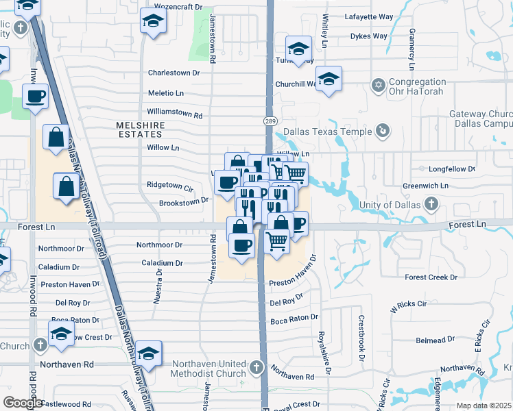 map of restaurants, bars, coffee shops, grocery stores, and more near 11835 Preston Road in Dallas