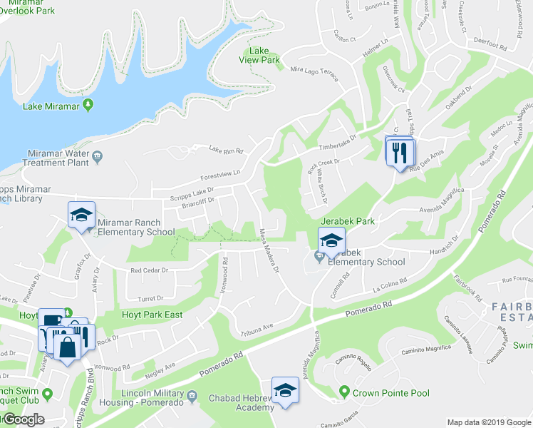 map of restaurants, bars, coffee shops, grocery stores, and more near 11414 Wide Valley Lane in San Diego