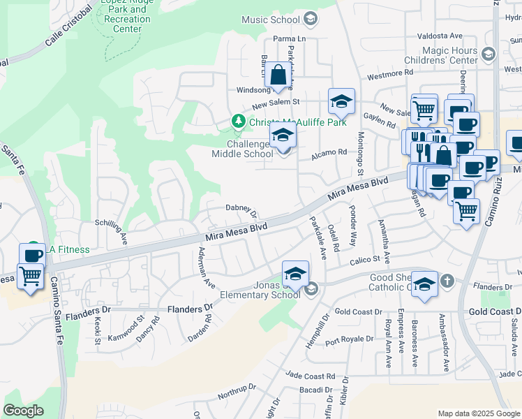 map of restaurants, bars, coffee shops, grocery stores, and more near 184 Mira Mesa Boulevard in San Diego