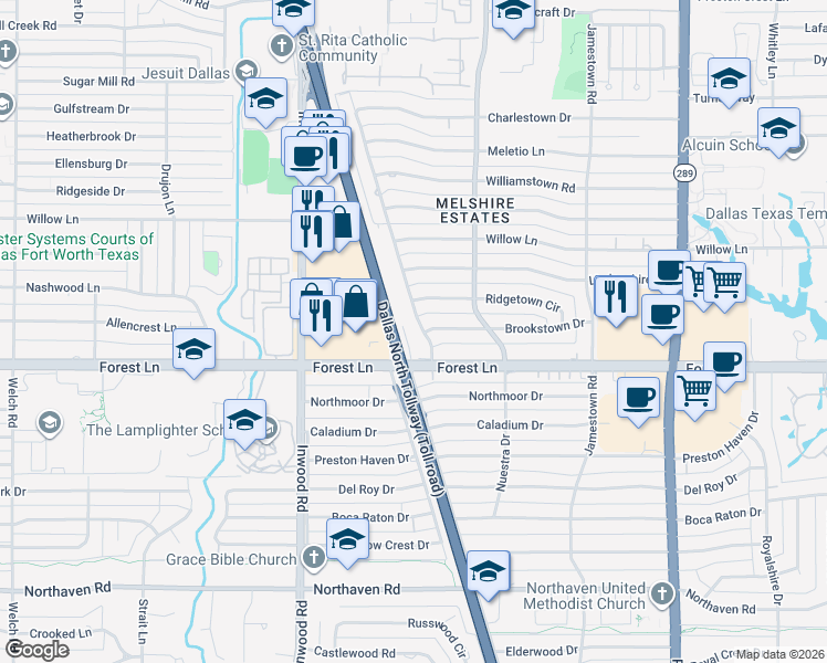 map of restaurants, bars, coffee shops, grocery stores, and more near 5500 Forest Lane in Dallas