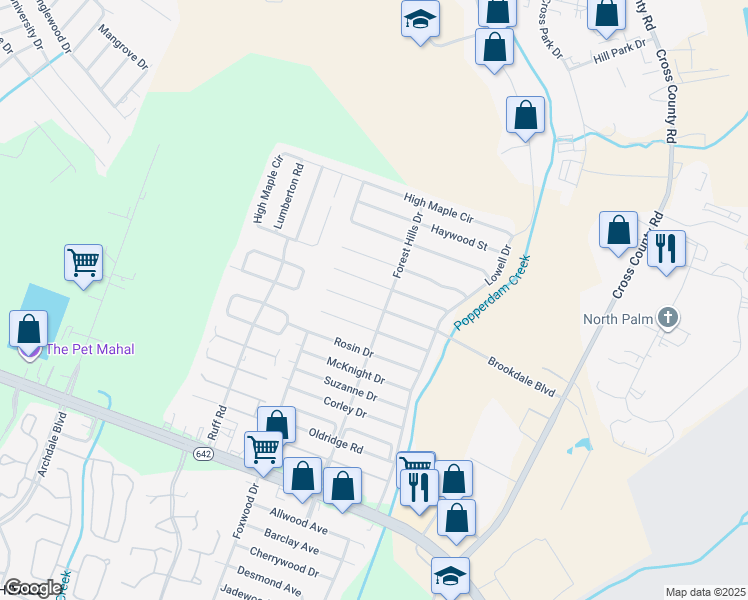 map of restaurants, bars, coffee shops, grocery stores, and more near 7701 Brookdale Boulevard in North Charleston