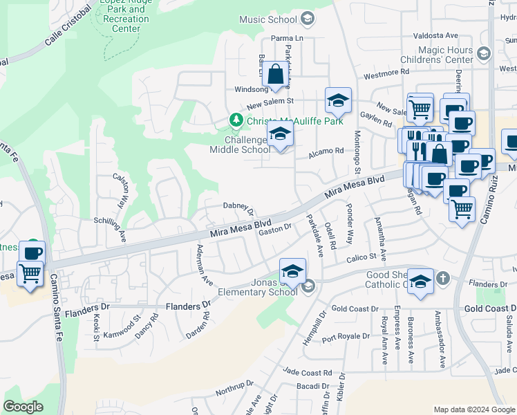 map of restaurants, bars, coffee shops, grocery stores, and more near 10603 Dabney Drive in San Diego