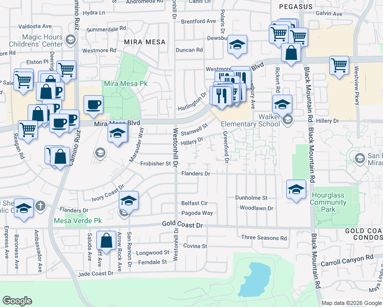 map of restaurants, bars, coffee shops, grocery stores, and more near 10573 Caminito Flores in San Diego