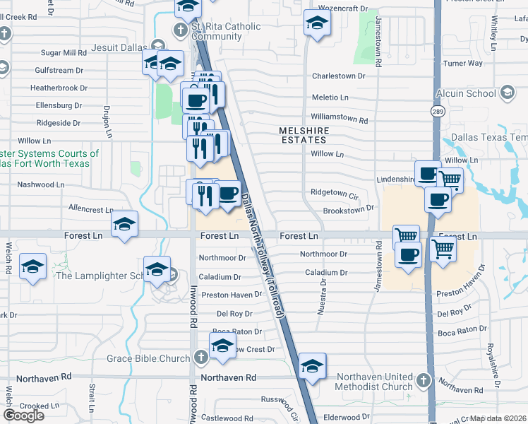 map of restaurants, bars, coffee shops, grocery stores, and more near 5500 Forest Lane in Dallas