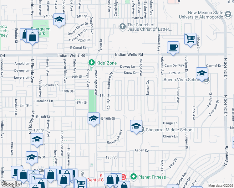 map of restaurants, bars, coffee shops, grocery stores, and more near 1739 Monte Vista Corte in Alamogordo