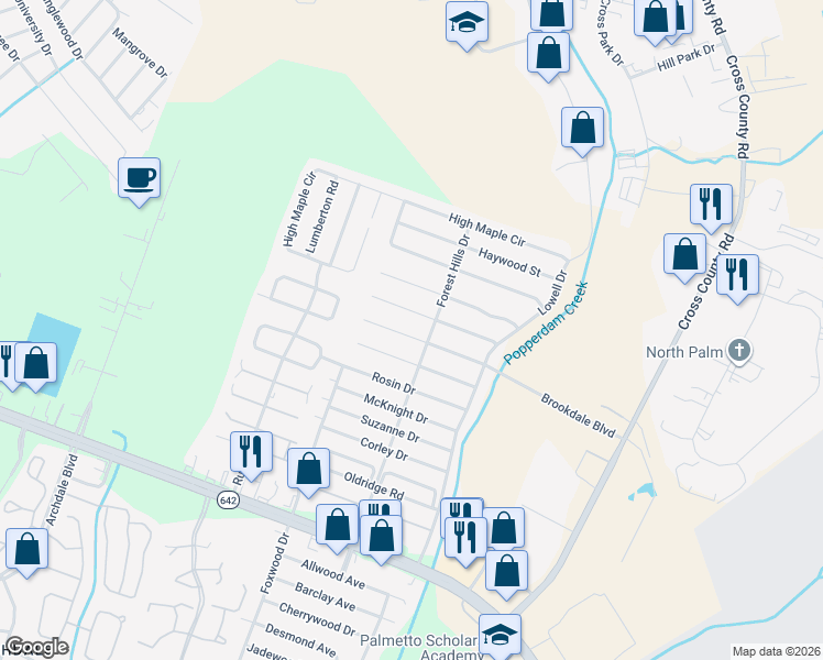 map of restaurants, bars, coffee shops, grocery stores, and more near 7701 Brookdale Boulevard in North Charleston