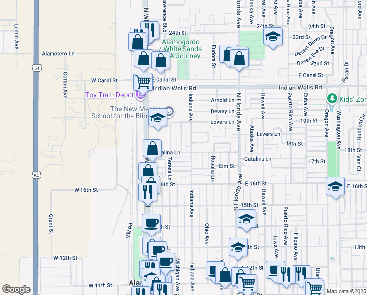 map of restaurants, bars, coffee shops, grocery stores, and more near 414 Catalina Lane in Alamogordo