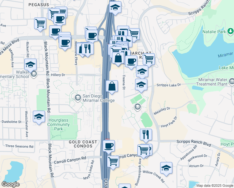 map of restaurants, bars, coffee shops, grocery stores, and more near 10620 Falcon Way in San Diego