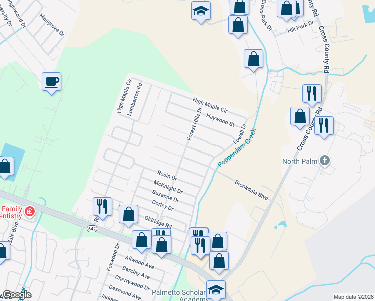 map of restaurants, bars, coffee shops, grocery stores, and more near 7701 Brookdale Boulevard in North Charleston