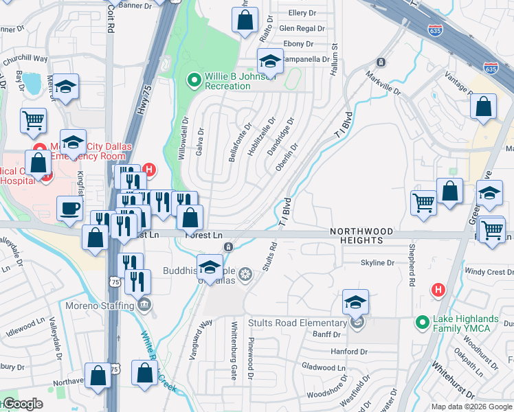 map of restaurants, bars, coffee shops, grocery stores, and more near 8239 Forest Lane in Dallas