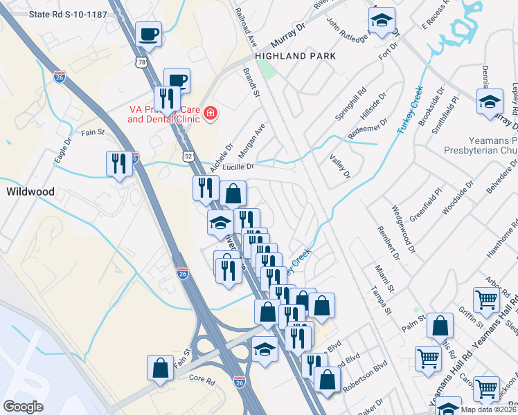 map of restaurants, bars, coffee shops, grocery stores, and more near 6258 Rivers Avenue in North Charleston