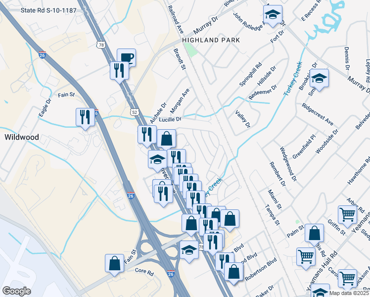 map of restaurants, bars, coffee shops, grocery stores, and more near 6258 Rivers Avenue in North Charleston