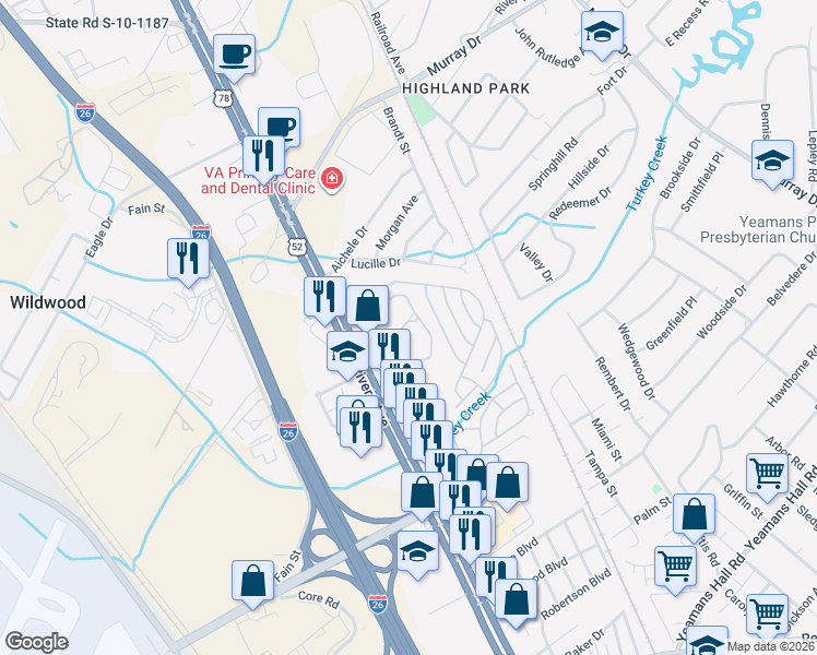 map of restaurants, bars, coffee shops, grocery stores, and more near 2011 Coldspring Drive in North Charleston