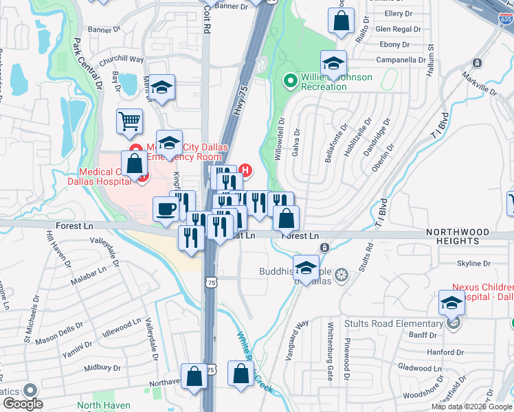 map of restaurants, bars, coffee shops, grocery stores, and more near 8025 Forest Lane in Dallas