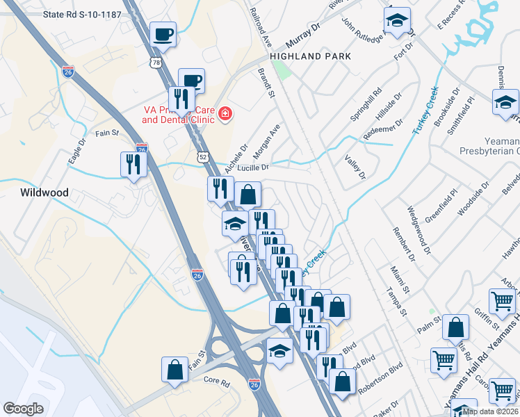 map of restaurants, bars, coffee shops, grocery stores, and more near 2030 Coldspring Drive in North Charleston