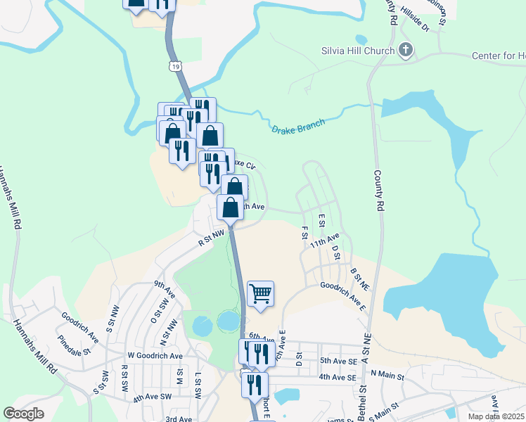 map of restaurants, bars, coffee shops, grocery stores, and more near 119 Deluxe Circle in Thomaston