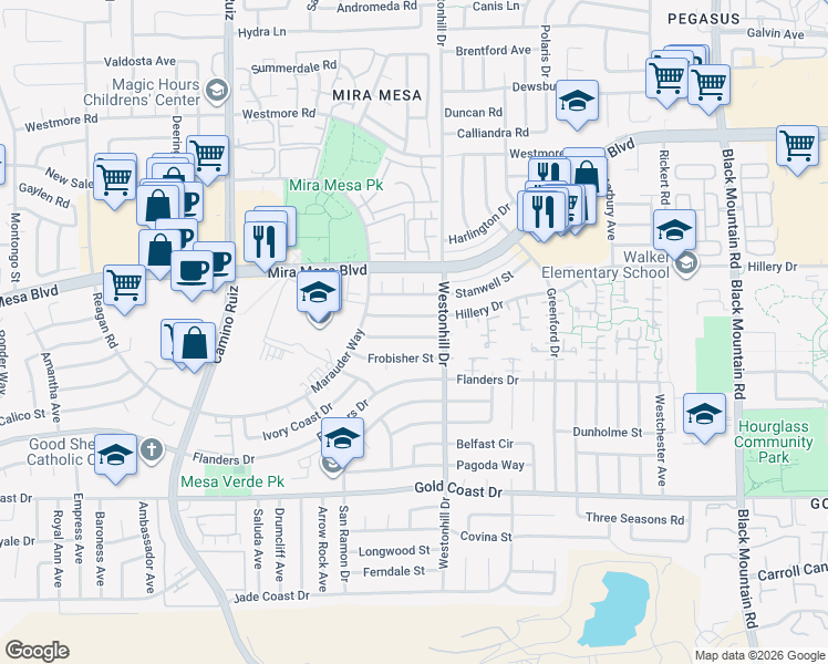 map of restaurants, bars, coffee shops, grocery stores, and more near 8706 Bennington Street in San Diego