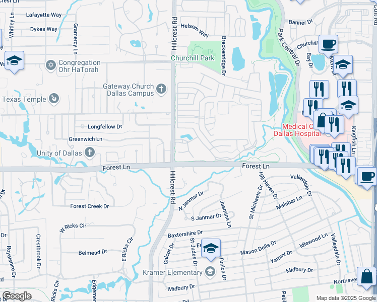 map of restaurants, bars, coffee shops, grocery stores, and more near Preston Brook Place in Dallas