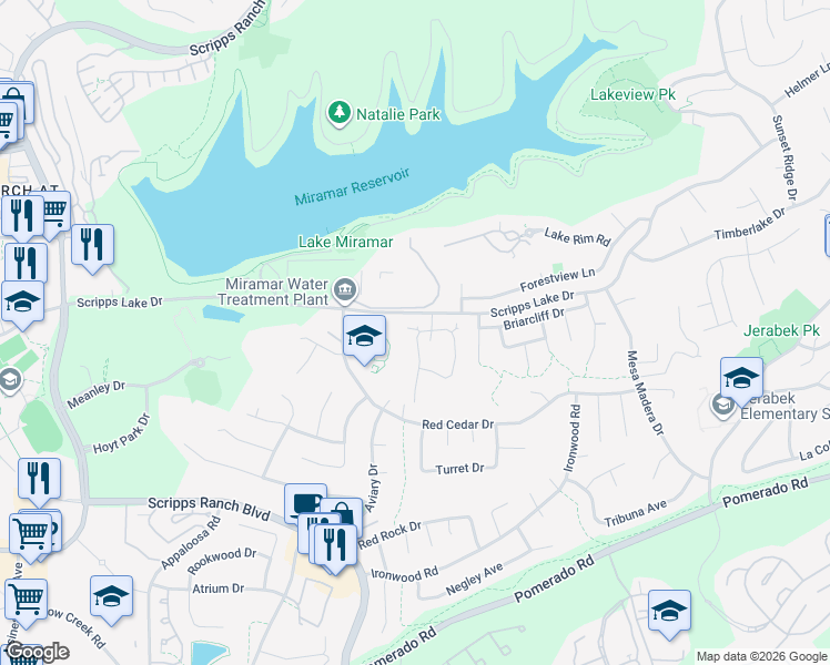 map of restaurants, bars, coffee shops, grocery stores, and more near 10450 Ridgewater Lane in San Diego
