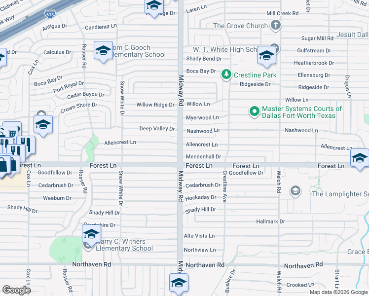 map of restaurants, bars, coffee shops, grocery stores, and more near 4189 Allencrest Lane in Dallas