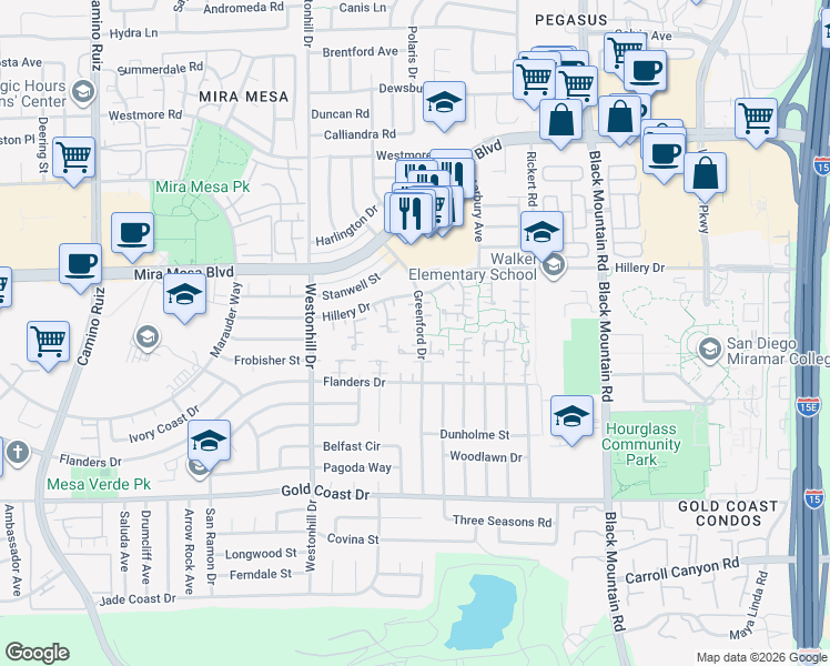 map of restaurants, bars, coffee shops, grocery stores, and more near 10566 Greenford Drive in San Diego