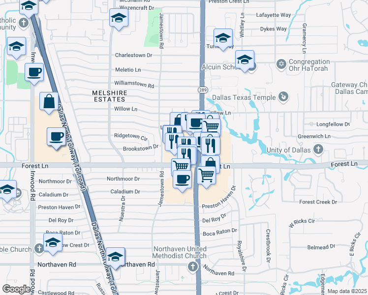 map of restaurants, bars, coffee shops, grocery stores, and more near 11909 Preston Road in Dallas