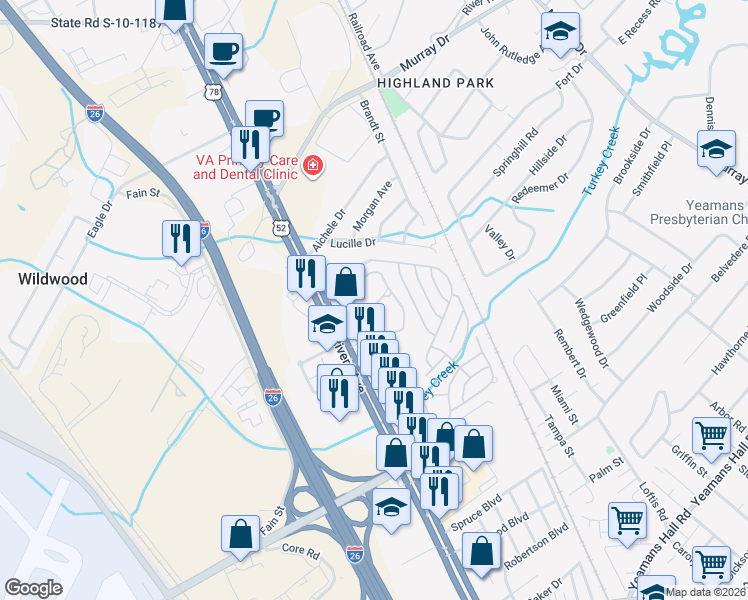 map of restaurants, bars, coffee shops, grocery stores, and more near 6287 Rolling Fork Road in North Charleston