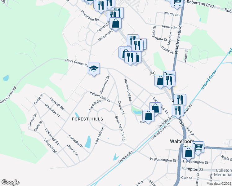 map of restaurants, bars, coffee shops, grocery stores, and more near 101 Overhill Road in Walterboro