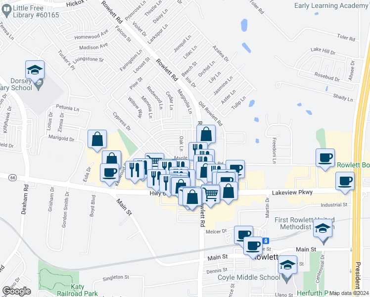 map of restaurants, bars, coffee shops, grocery stores, and more near 3301 Holly Lane in Rowlett