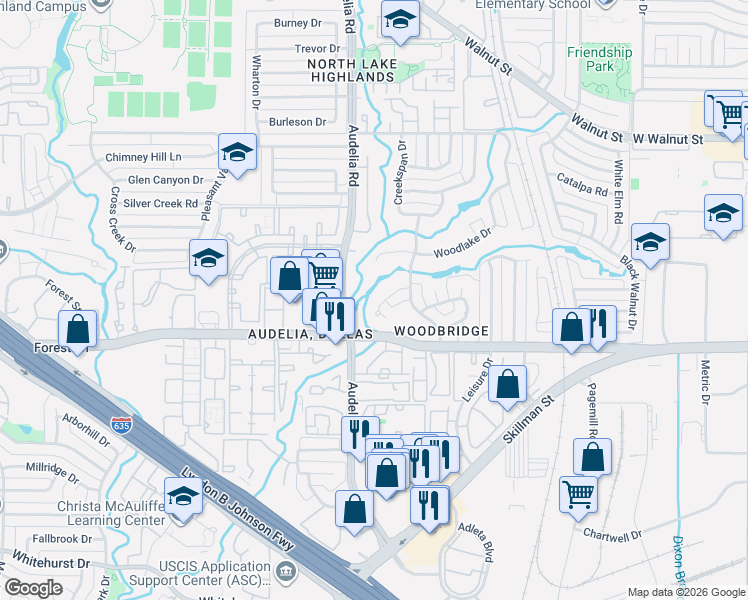 map of restaurants, bars, coffee shops, grocery stores, and more near 9915 Wood Forest Drive in Dallas