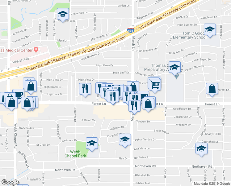 map of restaurants, bars, coffee shops, grocery stores, and more near 3616 Parkridge Drive in Dallas