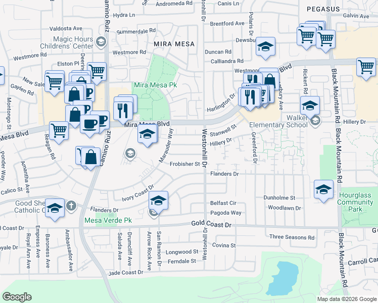 map of restaurants, bars, coffee shops, grocery stores, and more near 8696 Bennington Street in San Diego