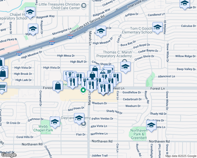 map of restaurants, bars, coffee shops, grocery stores, and more near 3728 High Vista Drive in Dallas