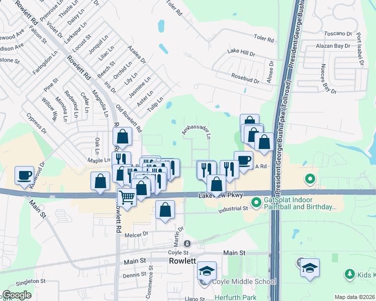 map of restaurants, bars, coffee shops, grocery stores, and more near 5801 Diplomacy Drive in Rowlett