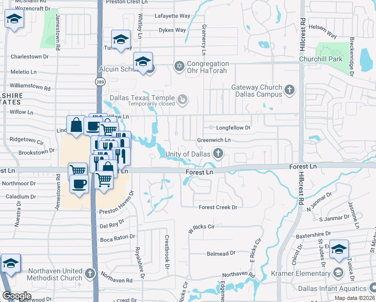 map of restaurants, bars, coffee shops, grocery stores, and more near 11936 Forest Lakes Lane in Dallas