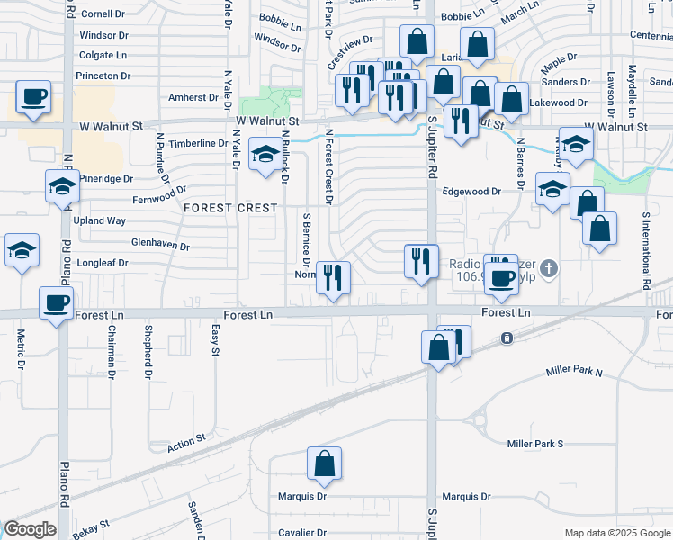 map of restaurants, bars, coffee shops, grocery stores, and more near 3721 Norma Drive in Garland