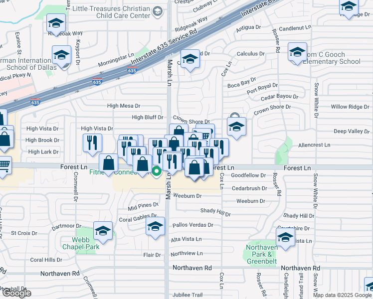map of restaurants, bars, coffee shops, grocery stores, and more near 3728 High Vista Drive in Dallas