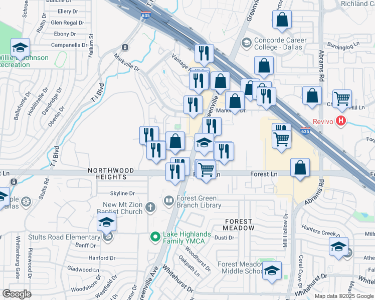 map of restaurants, bars, coffee shops, grocery stores, and more near 11911 Greenville Avenue in Dallas