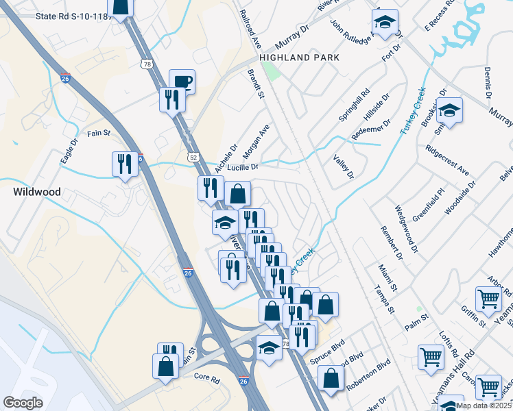 map of restaurants, bars, coffee shops, grocery stores, and more near 6287 Rolling Fork Road in North Charleston