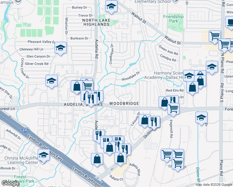 map of restaurants, bars, coffee shops, grocery stores, and more near 9931 Wood Forest Drive in Dallas