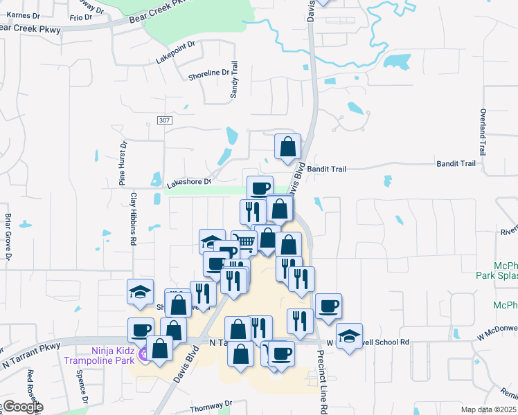 map of restaurants, bars, coffee shops, grocery stores, and more near 8625 Davis Boulevard in North Richland Hills